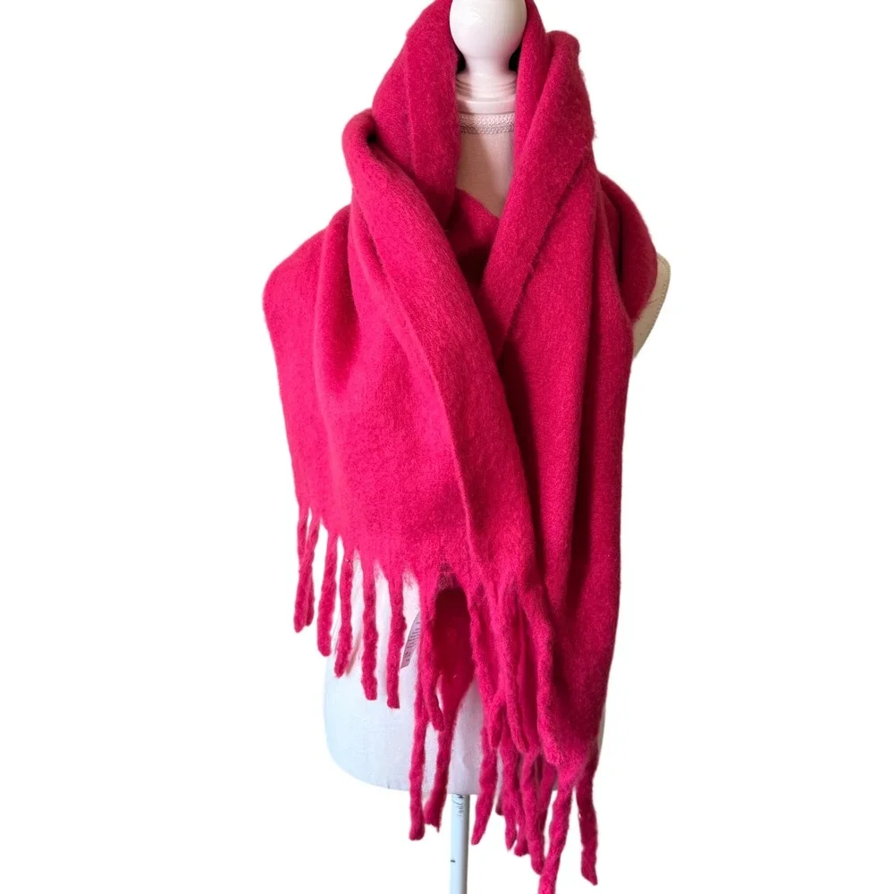 Susan Graver Womens Scarf OS Bold Pink Oversized Brushed Knit Tassel Fringe